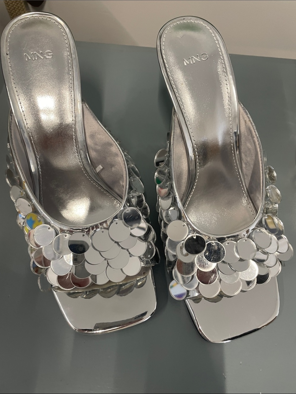 Mango Silver Sequin Slide Mules NWOT glamor showgirl cocktails wedding party 40